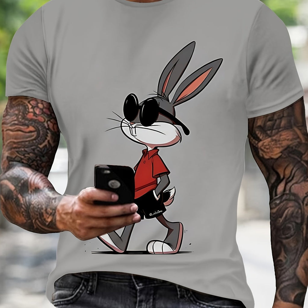 T-shirt da uomo Valstrend con stampa coniglio 3D, maniche corte, collo rotondo, tessuto elasticizzato, stile casual estivo.