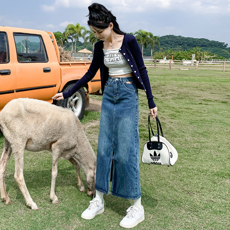 Gonna in denim con apertura frontale, vita alta e vestibilità aderente, per donna, marchio Valstrend shop
