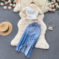 Set donna moda Valstrend con gilet plissettato, gonna jeans a taglio irregolare e dettaglio legato, due pezzi.
