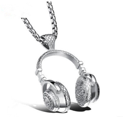 Ciondolo collana con cuffie in titanio e tappi per orecchie moda musical, per uomo, stile elegante e moderno.