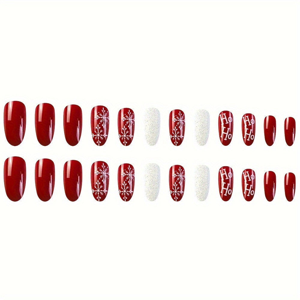 Set di 24 unghie finte a mandorla con design neve di Natale, colori misti, finitura lucida e adesivo rimovibile, con limetta.