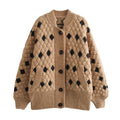 Cardigan lungo in maglia con motivo a losanghe, maniche lunghe e doppio petto, marca Valstrend, stile elegante e caldo.