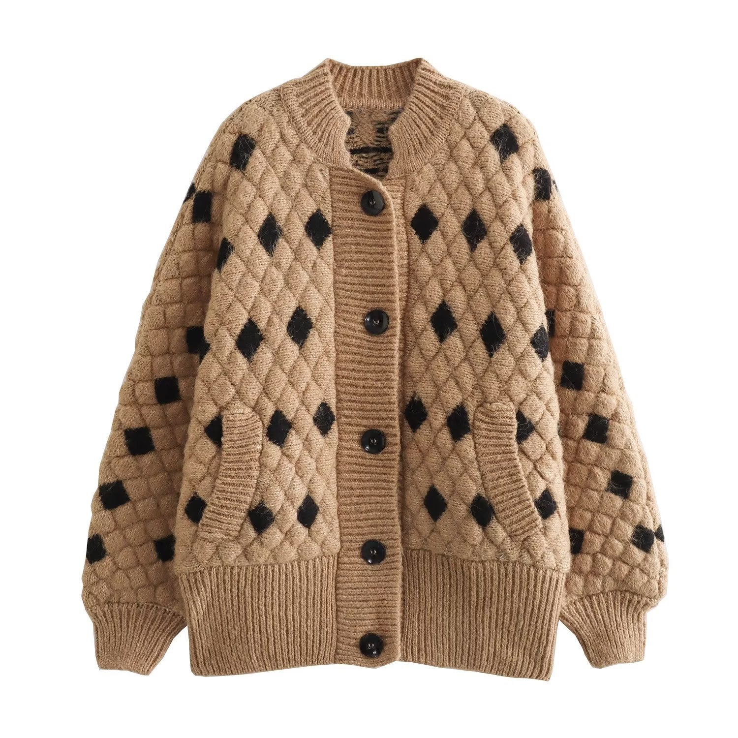 Cardigan lungo in maglia con motivo a losanghe, maniche lunghe e doppio petto, marca Valstrend, stile elegante e caldo.