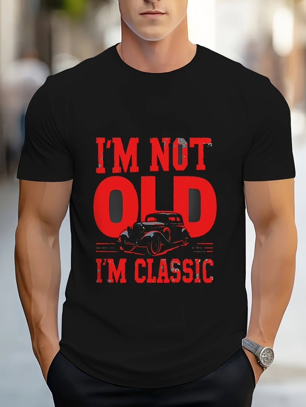 T-shirt casual da uomo Valstrend, cotone, stile vintage con disegno di auto e motivo geometrico, collo rotondo, tessuto elasticizzato