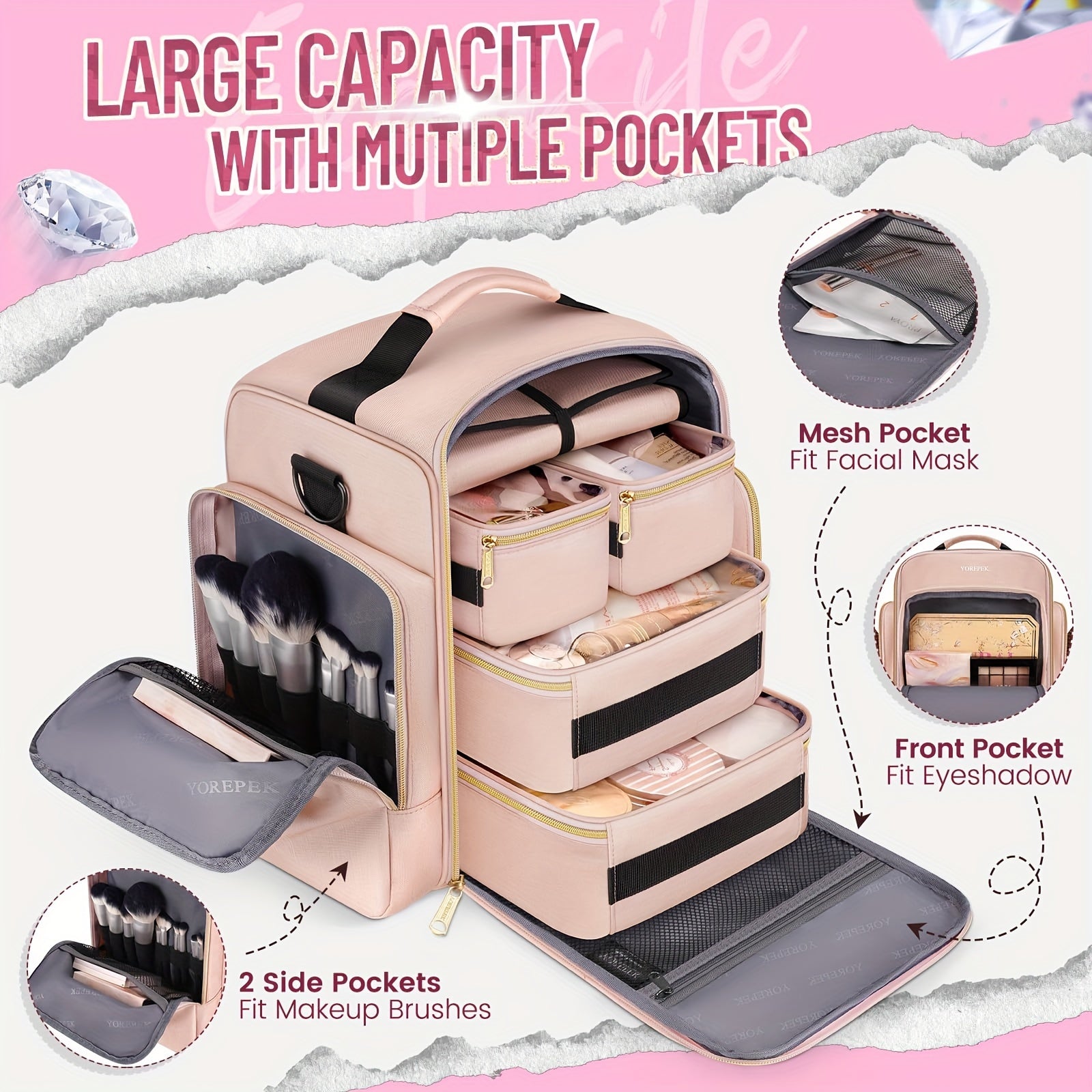 Beauty case grande Valstrend shop, organizer rosa in poliestere con 4 scomparti removibili e tasca per gioielli, per cosmetici e accessori.