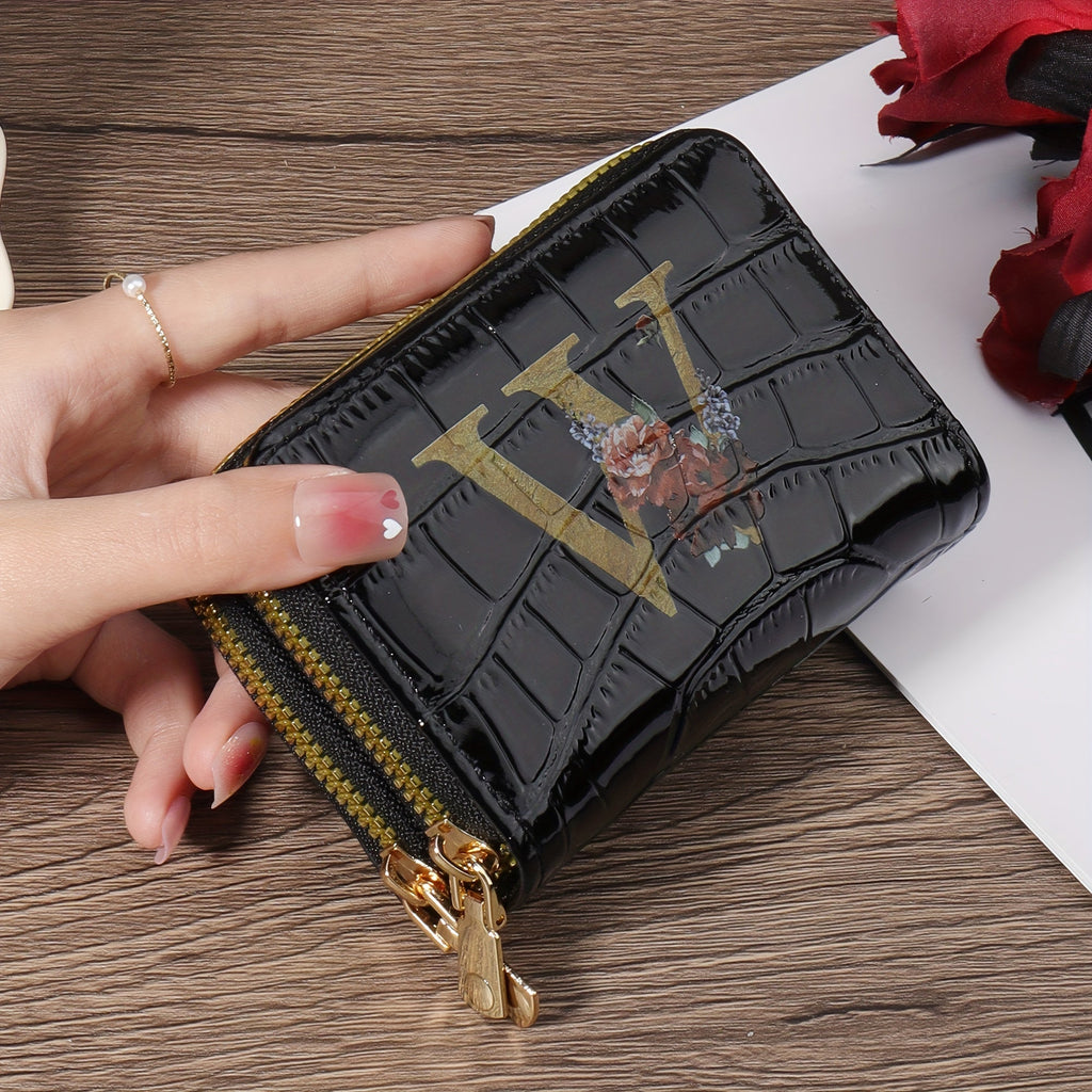 Portafoglio portacarte Valstrend con motivo floreale e zip, piccolo, per donne e uomini, con design a fisarmonica.