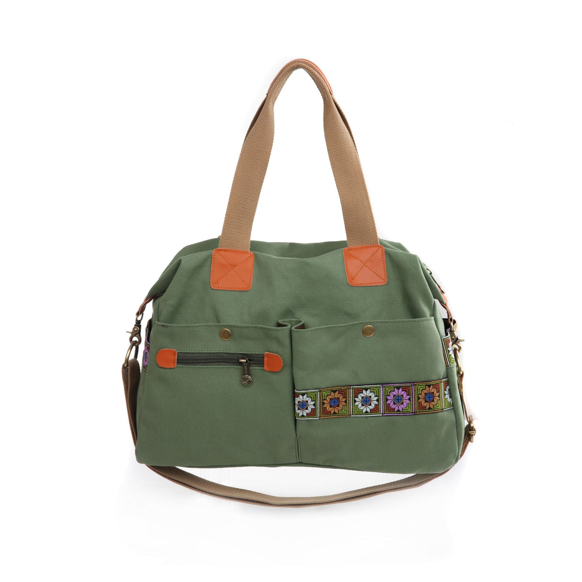 Borsa in tela ricamata Valstrend con più tasche, tracolla e dettagli colorati, ideale per uso quotidiano e stile casual.