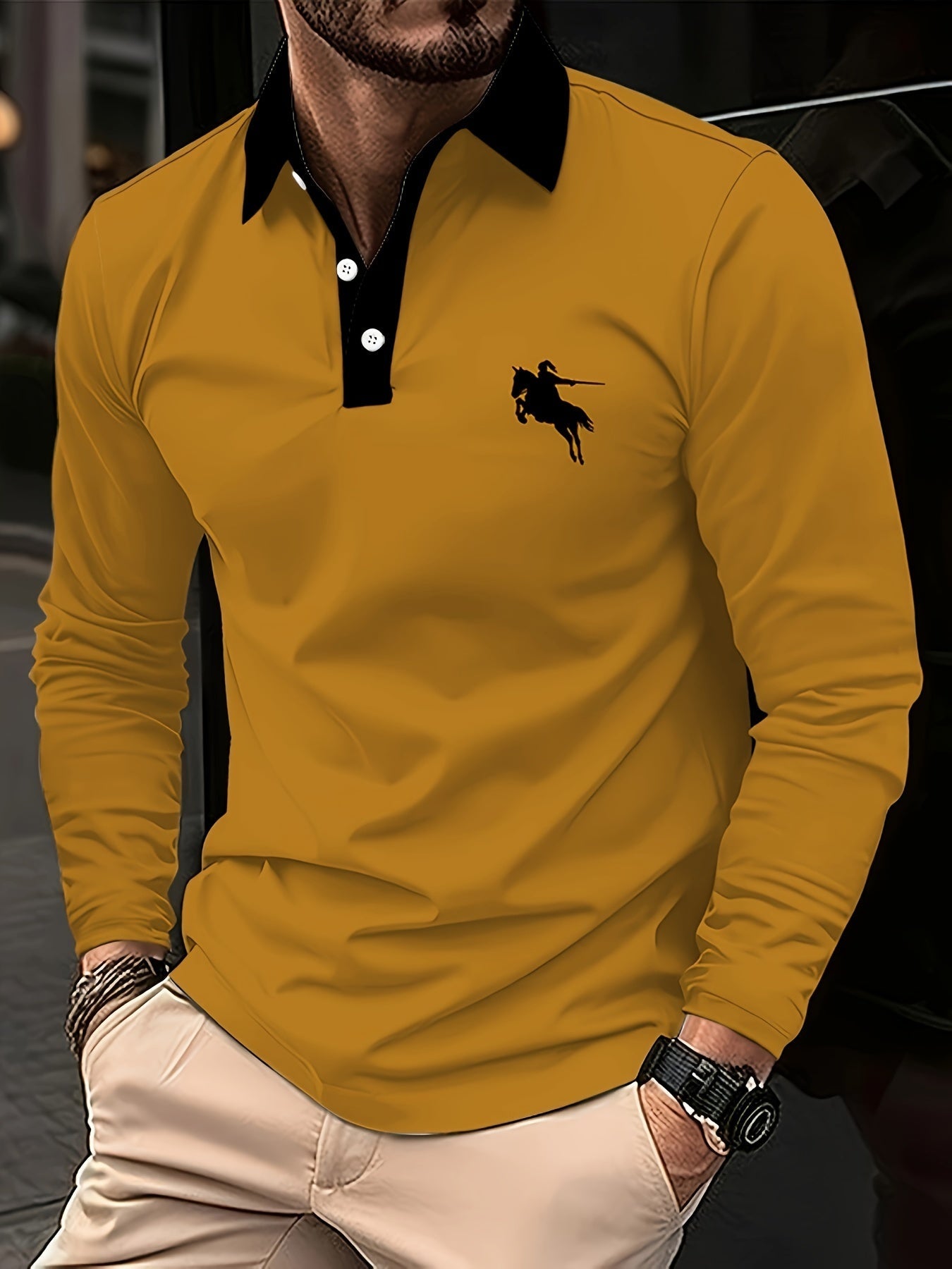 Camicia da uomo Valstrend in tinta unita con stampa cavallo, maniche lunghe casual, colletto botton-down, adatta a golf e primavera/autunno