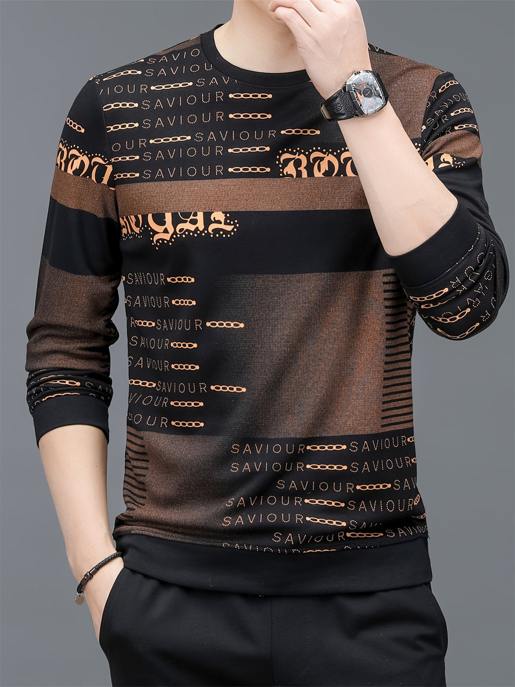 Maglietta a maniche lunghe casual da uomo Valstrend, girocollo, tessuto elasticizzato, stampa lettera, stile pull-over per primavera/autunno