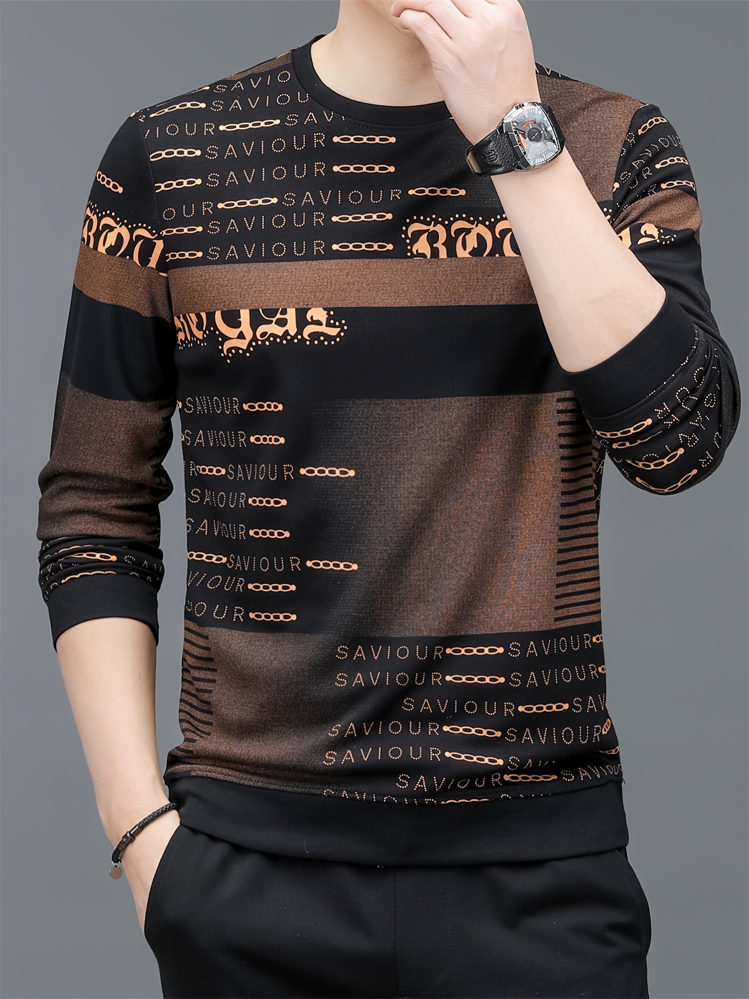 Maglietta a maniche lunghe casual da uomo Valstrend, girocollo, tessuto elasticizzato, stampa lettera, stile pull-over per primavera/autunno