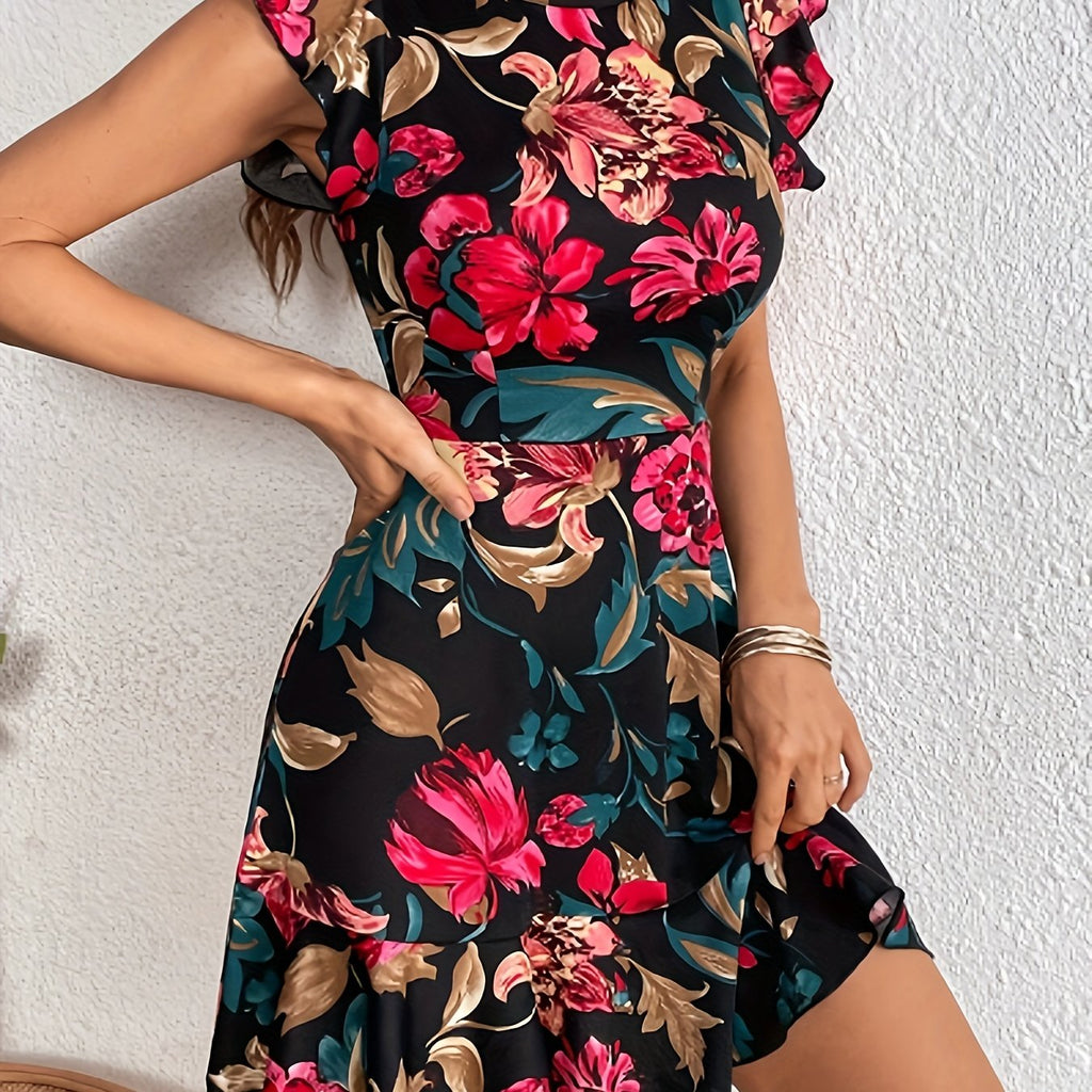 Ruffle Hem Floral Print Dress, Elegant Crew Neck Dress For Spring & Summer, Women's Clothing