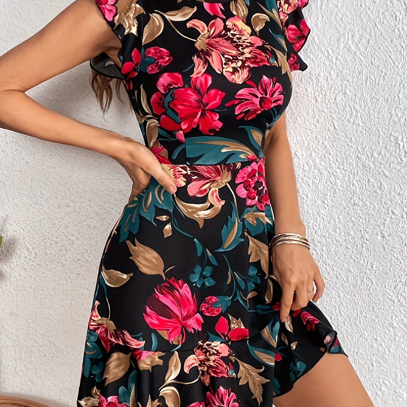 Ruffle Hem Floral Print Dress, Elegant Crew Neck Dress For Spring & Summer, Women's Clothing