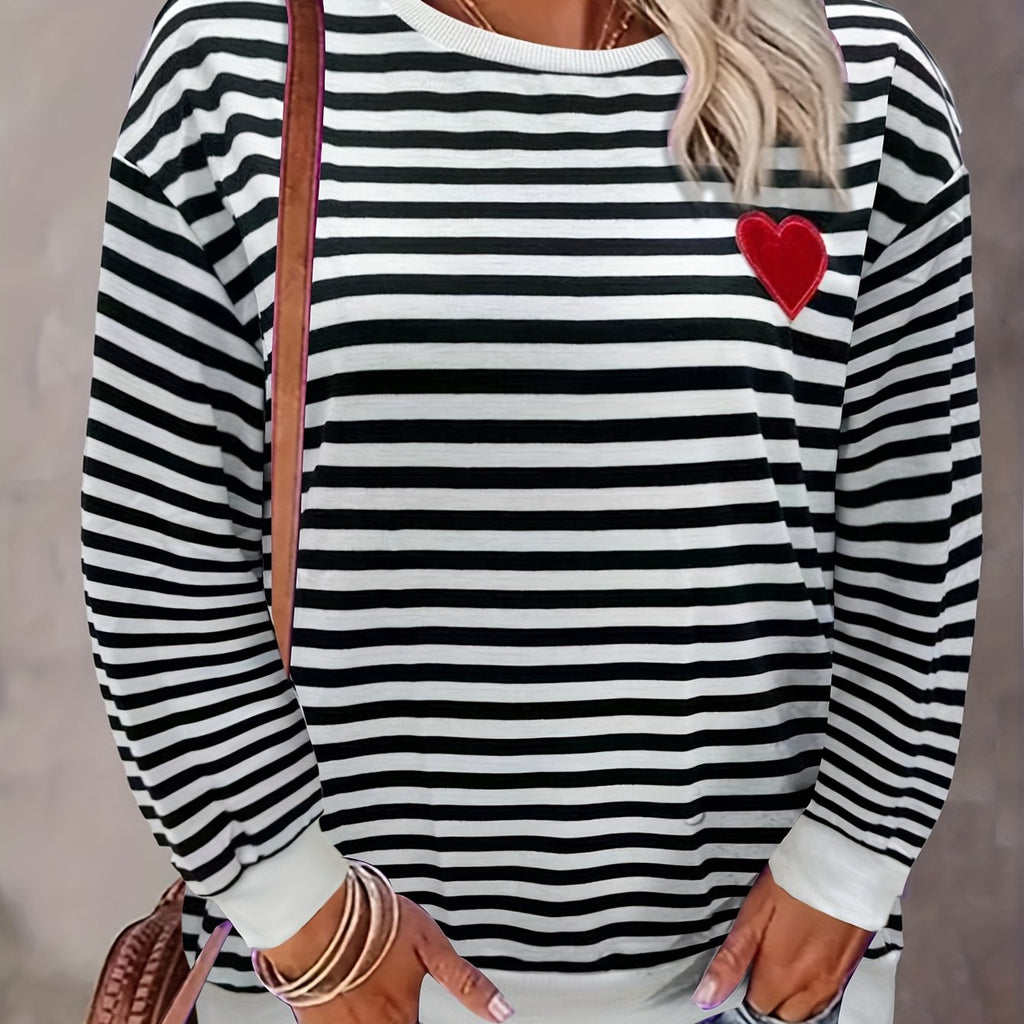 Felpa cuore e righe Valstrend, maglione casual a maniche lunghe e scollo rotondo per donna, autunno e inverno.