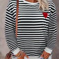 Felpa cuore e righe Valstrend, maglione casual a maniche lunghe e scollo rotondo per donna, autunno e inverno.