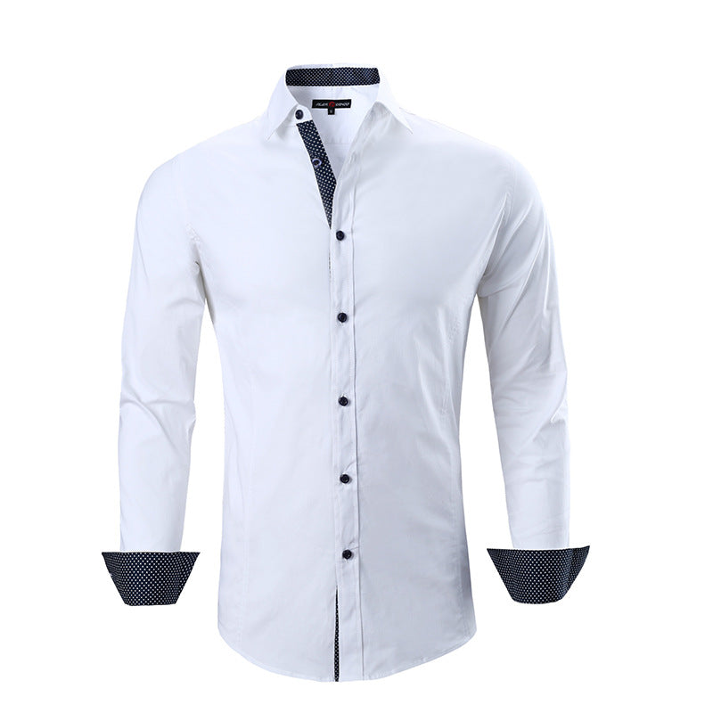 Camicia uomo in cotone elasticizzato Valstrend, stile primavera e autunno, mostra il colletto e i bottoni sulla parte frontale.