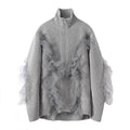 Cardigan in maglia autunnale e invernale donna Valstrend con collo alto e patchwork, stile caldo e elegante