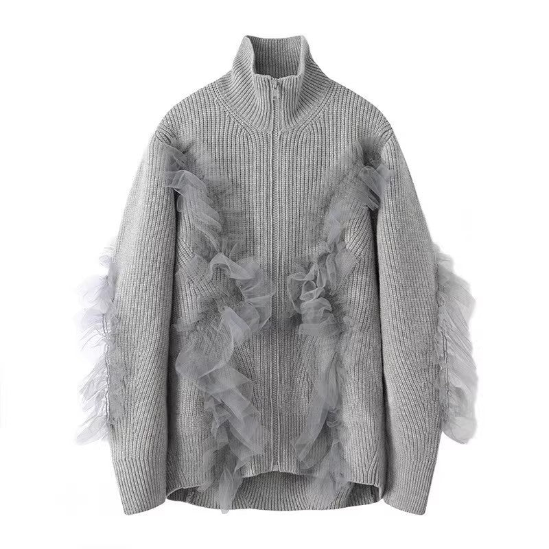 Cardigan in maglia autunnale e invernale donna Valstrend con collo alto e patchwork, stile caldo e elegante