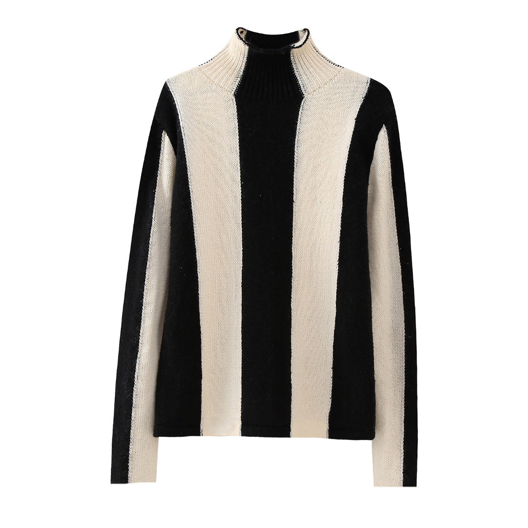 Maglione a collo alto con righe verticali europee e americane, in maglia, marca Valstrend, visibile con dettagli a righe bianche e nere
