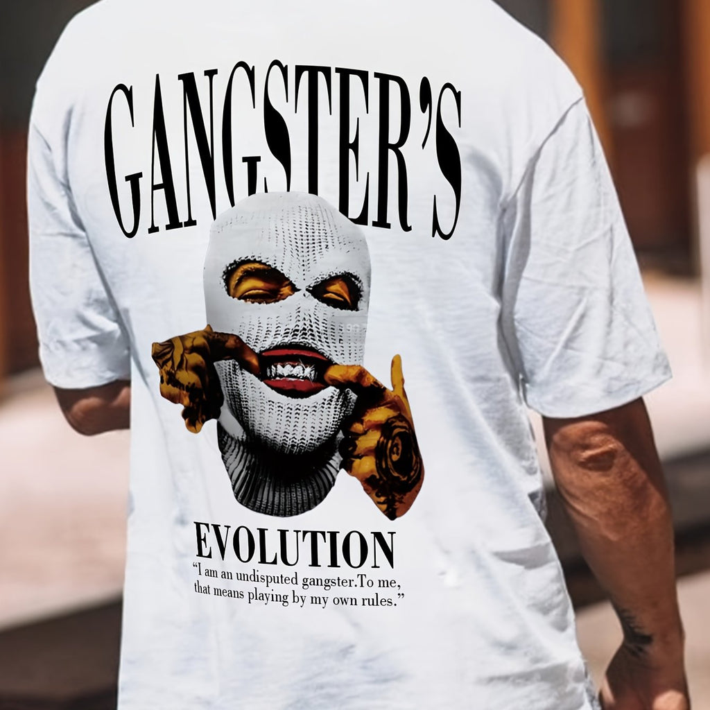 T-shirt a maniche corte con stampa gangster, collo rotondo, comodo e casual, con motivo alla moda per attività quotidiane e all'aperto.