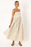 Vestito casual da donna a righe con spaghettine e spalline, marca Valstrend, vista frontale con dettagli a righe colorate.