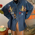 Camicia in denim retrò da donna con ricamo gatto, stile vintage, lunga e casual, di marca Valstrend Shop.