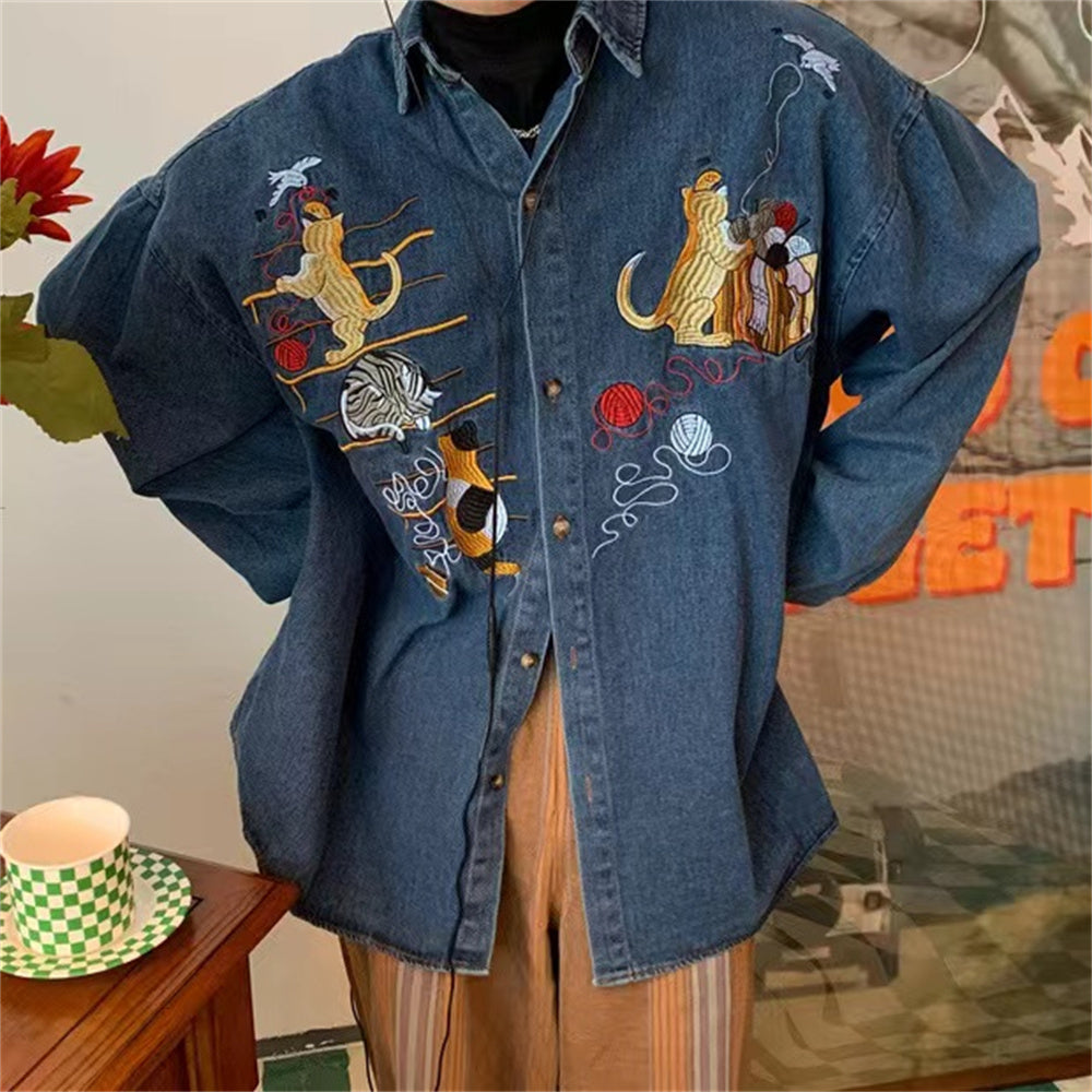 Camicia in denim retrò da donna con ricamo gatto, stile vintage, lunga e casual, di marca Valstrend Shop.