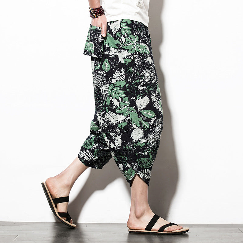 Pantaloni etnici da uomo Cropped Tapered in cotone lino con stampa floreale, stile harem, marca Valstrend.