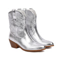 Stivali alti in pelle patentata con ricami, tacco chunky e punta affilata, altezza al ginocchio, marca Valstrend shop