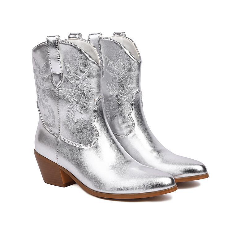 Stivali alti in pelle patentata con ricami, tacco chunky e punta affilata, altezza al ginocchio, marca Valstrend shop