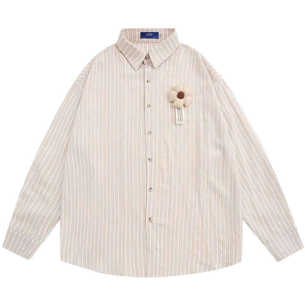 Three-dimensional Decoration Flower Vertical Stripes Long Sleeve Men's Spring And Autumn Loose Lapels Shirt