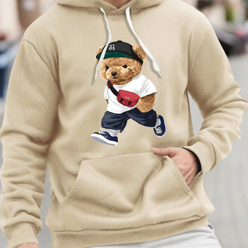Fashion Teddy Bear Graphic Print, Men's Fashion Casual Hoodie With Drawstring And Kangaroo Pocket Design, Comfy Long Sleeves Pullover Hoodie, Autumn And Winter Top For Men