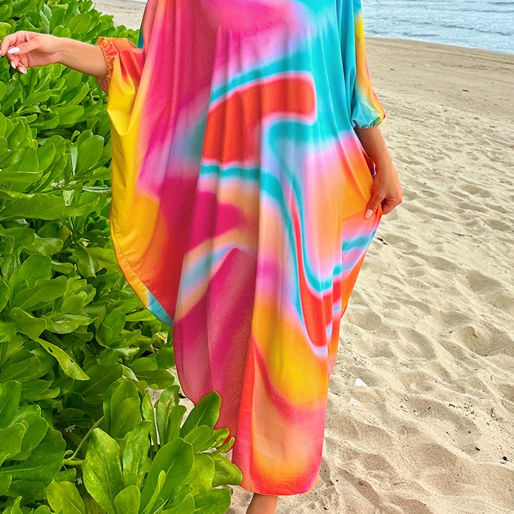 Abito da donna Valstrend maxi con scollo rotondo, maniche a batwing, stampa ombré colorata, vestito elegante plus size per spiaggia