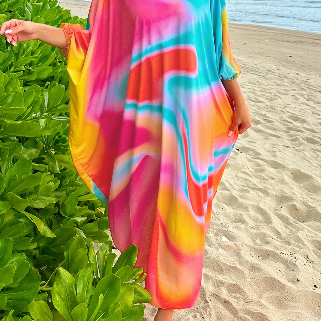 Abito da donna Valstrend maxi con scollo rotondo, maniche a batwing, stampa ombré colorata, vestito elegante plus size per spiaggia