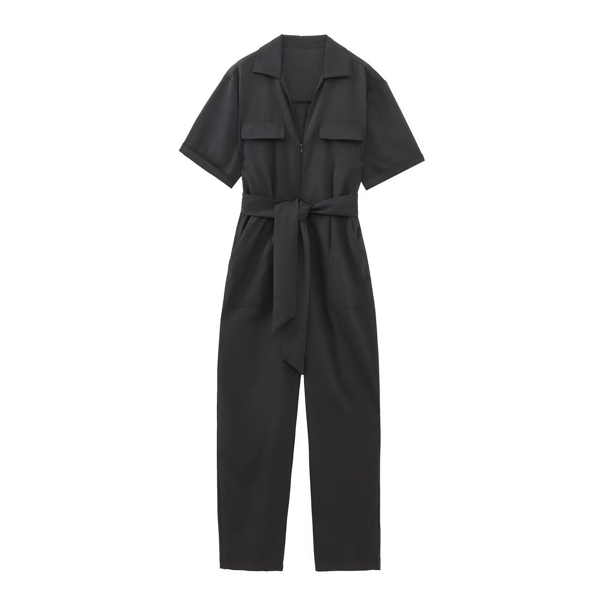 Completo donna Valstrend con cintura, zip e colletto, maniche corte, stile primaverile, tessuto leggero e moderno.