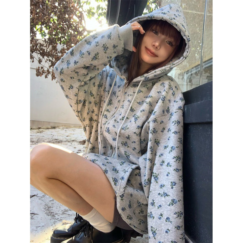 Maglione con cappuccio autunnale retrò, in pile foderato con motivo floreale, marca Valstrend.