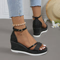 Sandali donna Valstrend con tacco a Muffin, cinturino con fibbia e dettagli in strass, suola spessa e punta aperta peep toe
