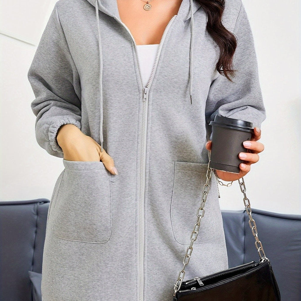 Ladies Fashion Casual Conservative Essence Women'S Front Zipper And Drawstring Design Sweatshirt Fashionable Two Front Pockets Mid-Length Hooded Zipper Jacket