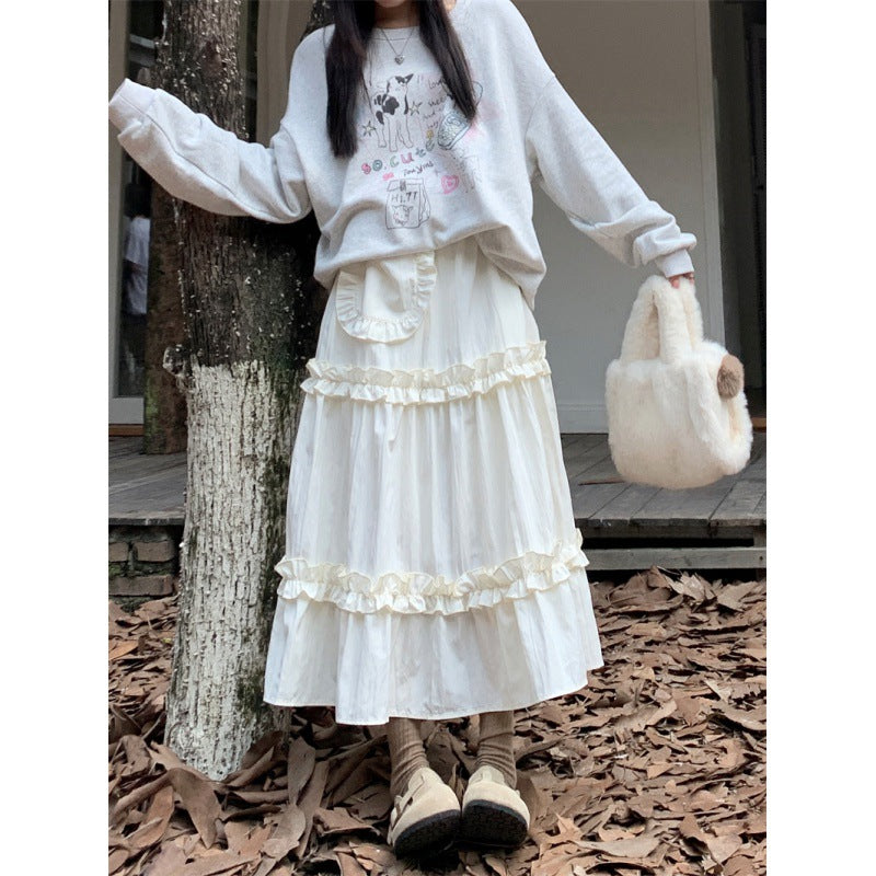 Sweet Elastic High Waist Slimming Wooden Ear Cake Dress Autumn Ruffled Skirt