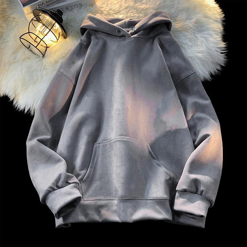 Maglione con cappuccio in suede di colore solido per uomo e donna, stile casual e elegante, in tessuto morbido e confortevole.