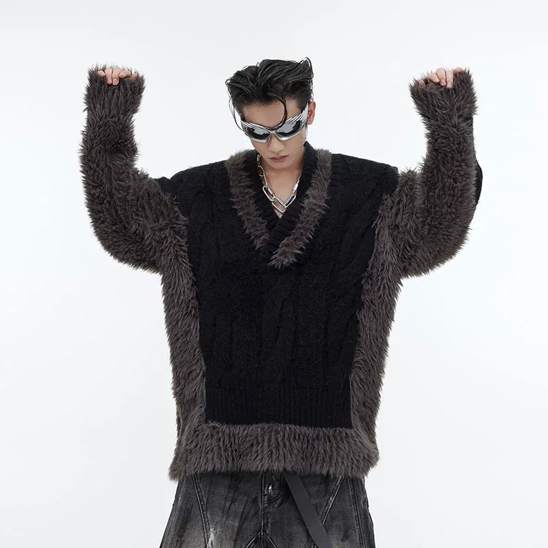 Men's Niche Plush Patchwork Knit Sweater Loose Sweater