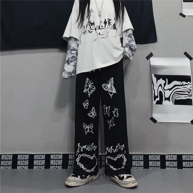 Pantaloni larghi a vita alta donna Valstrend con stampa farfalla retrò, stile casual e comodo, tessuto leggero e morbido.