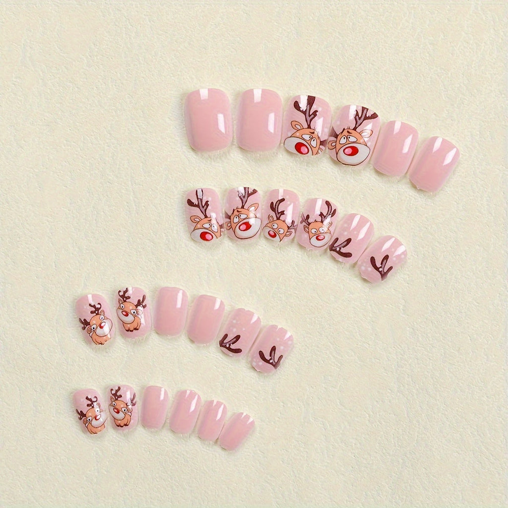 Set di 24 smalti finitura lucida con renne natalizie, forma ovale corta, decorazioni cartoon, ideale per donne e feste.