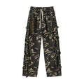 American Retro Elastic Waist Drawstring Camouflage Cargo Pants Couple Street Fashion Ribbon Straight