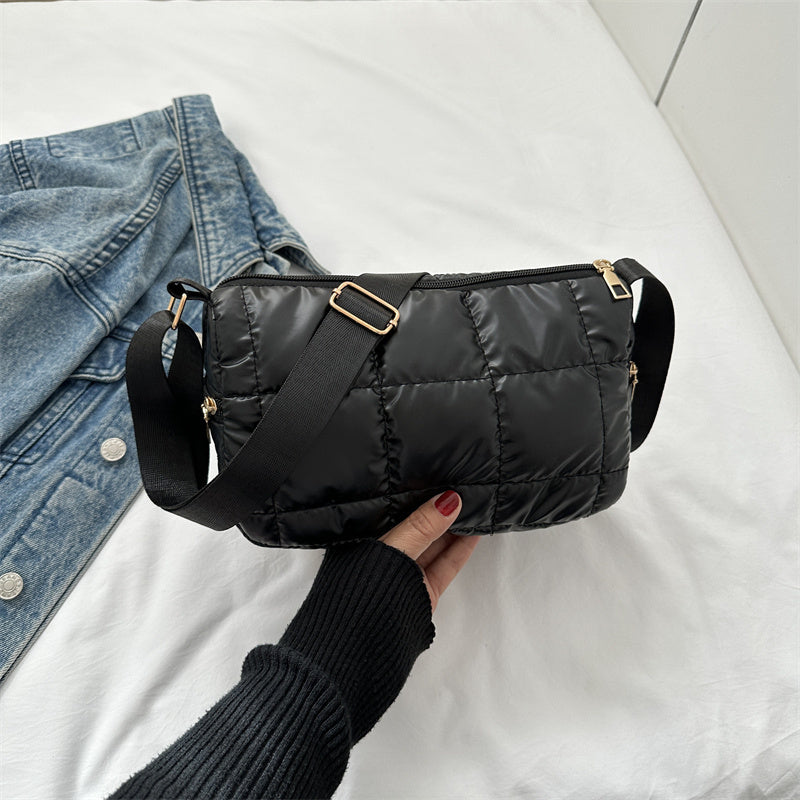 Women'S Plaid Quilted Shoulder Bag with Soft Fluffy Cotton Fill, Multifunctional Crossbody with Zipper Closure, Nylon Material, Casual Style, Hand Washable, Black, Pink, Blue, Grey