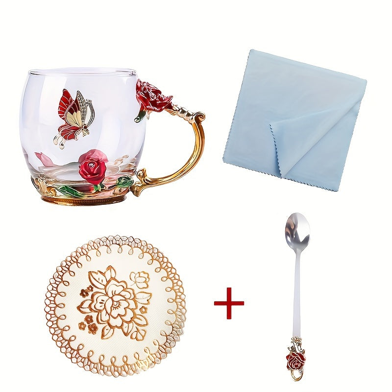 Enchanted Garden 330ML Glass Teacup Set - Hand-Painted Floral and Butterfly Design with Matching Spoon - Elegant Borosilicate Glass Drinkware for Coffee, Tea, Cold Beverages - Ideal for Special Occasions and Holiday Gifts - Hand Wash Only