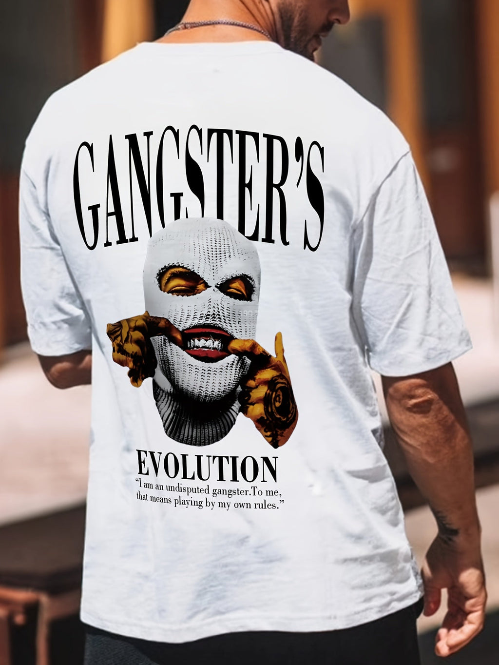 Maglietta corta con stampa gangster e collo rotondo, tessuto comodo, stile casual per uomo, attività quotidiane e outdoor.