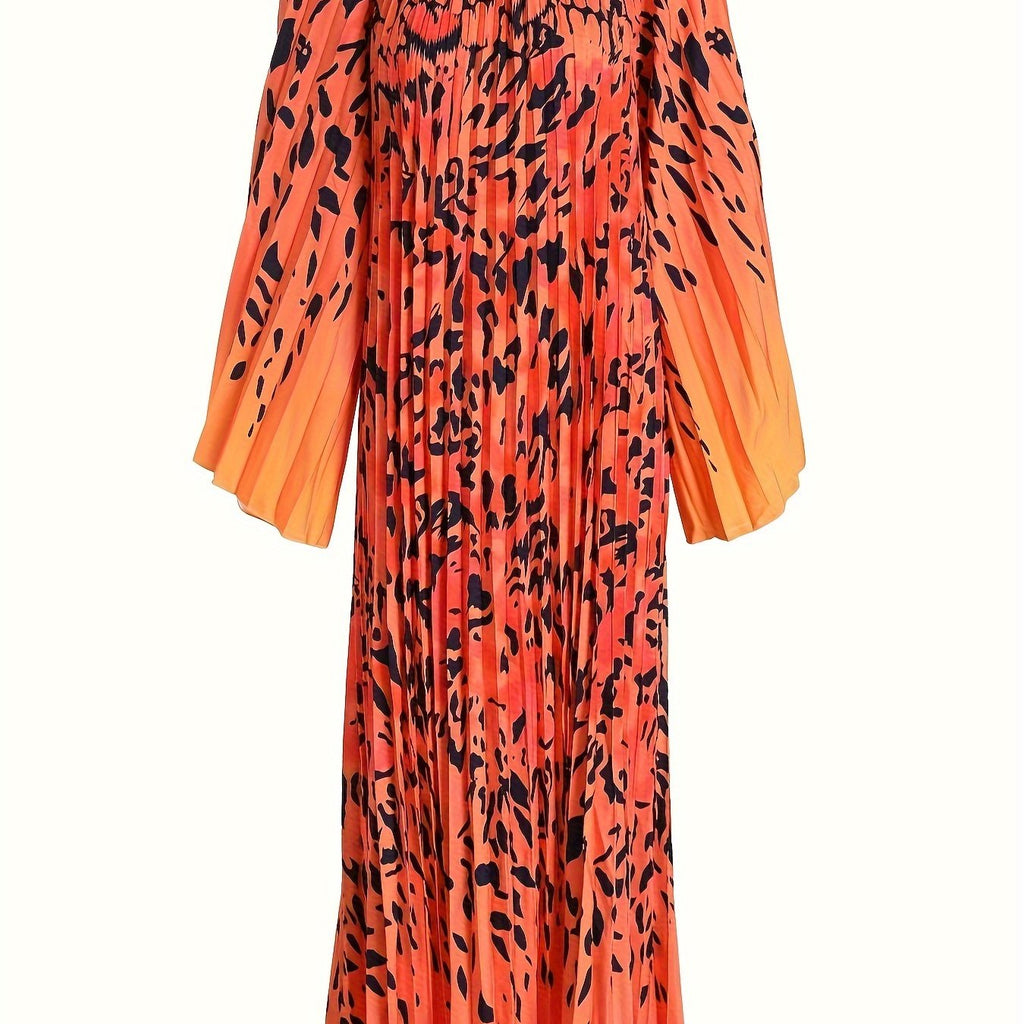 Chic Plus Size Maxi Dress for Women - Casual Long Sleeve with Round Neck, Leopard Print, Machine Washable