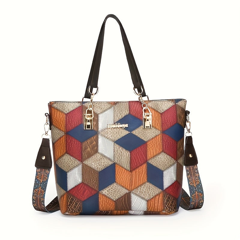 Set di 5 borse tote in eco-leather Valstrend, design colorblock elegante con chiusura zip, ideale per lavoro e occasioni casual.