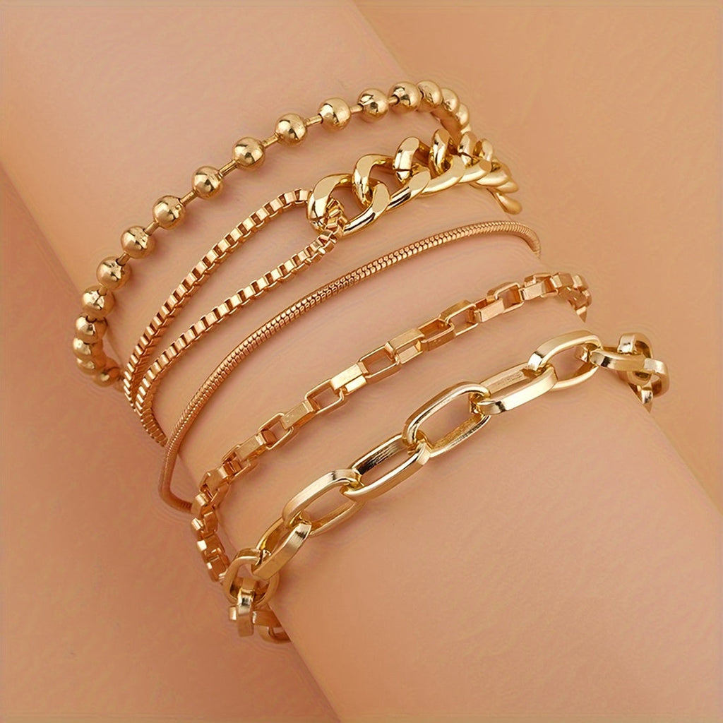 5pcs Elegant Cuban Chain Bracelet Set Punk Style Stackable Multi Layers Hand Chain Jewelry