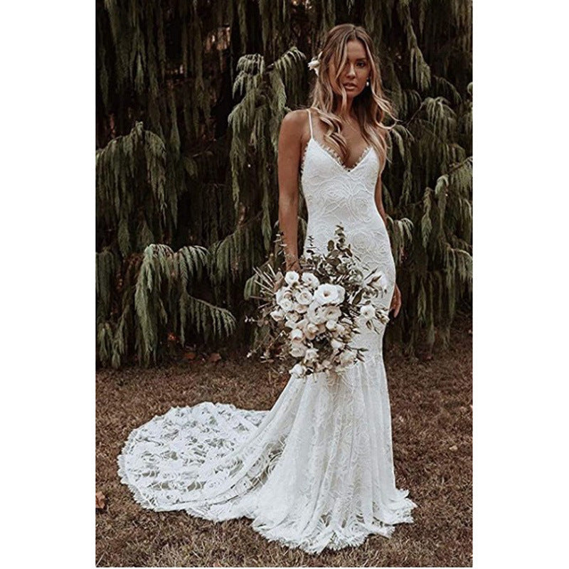 Abito da sposa femminile Valstrend, vestito da sposa slim fit, senza schiena, con gonna a sirena e bretelle eleganti.